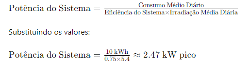 A fórmula para calcular a potência total do sistema fotovoltaico é