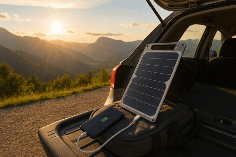 Painel solar portátil para carro, celular e trilhas com USB-C Invest Sustain Energia Solar